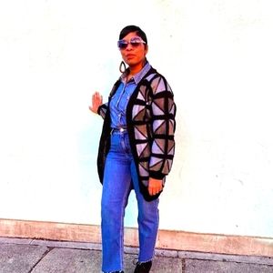 Leather and knit cardigan